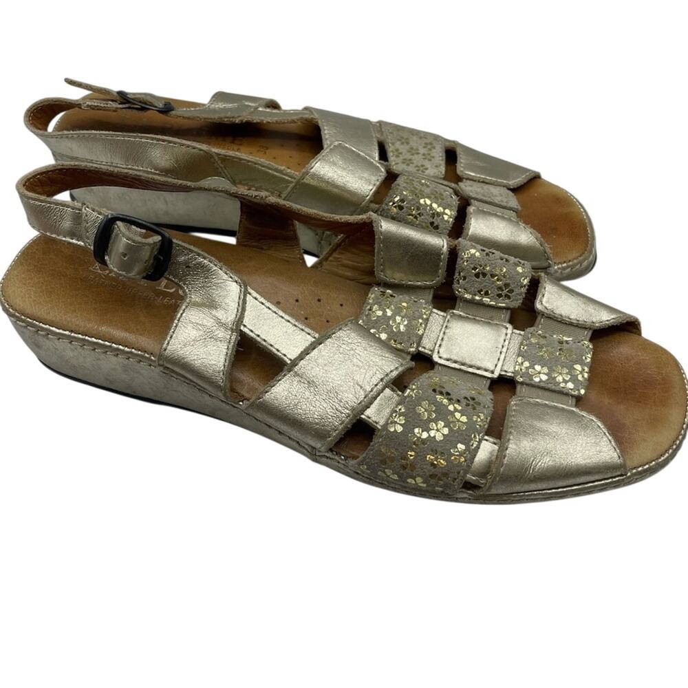 La Plume Gold Leather Wedge Sandals Womens 38 Strappy Comfort Shoes Beachy